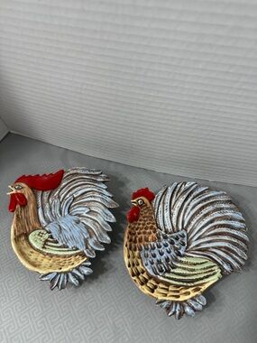 Set of 2 Vintage Rooster MCM Farmhouse Ceramic Footed Bowls Trinket Dishes Decor